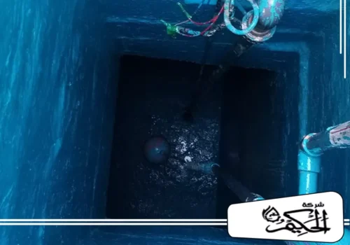 عزل خزانات المياه الارضية في دبي 0547842313 شركة الحكيم تُظهر هذه الصورة خزانًا بعد الانتهاء من عزله وتغطيته باللون الأزرق الداكن، وهو الآن مملوء بالماء